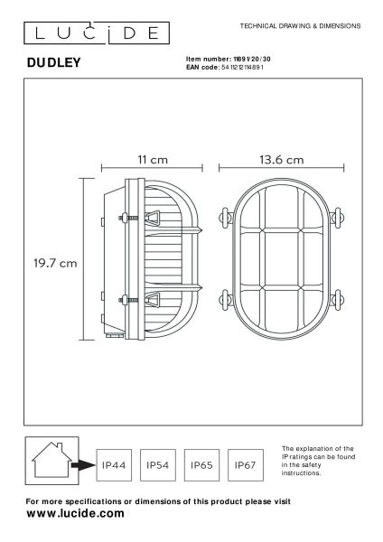 Lucide DUDLEY - Wandleuchte Innen/Außen - 1xE27 - IP65 - Schwarz - technisch